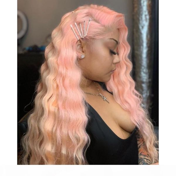 

13x4 brazilian full lace front wig preplucked pink color synthetic lace front wig deep wave cosplay for white women, Black;brown