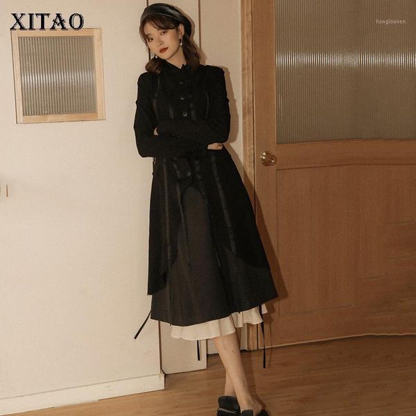 

xitao long pleated black trench fashion new 2020 spring elegant small fresh single breast minority casual coat gcc31401, Tan;black