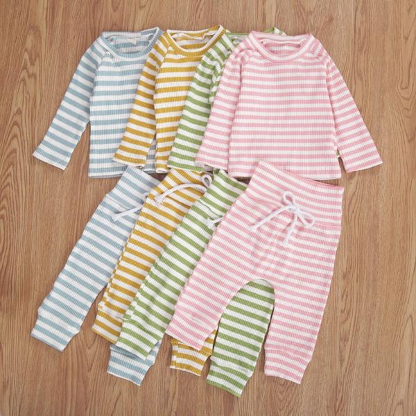 

newborn baby girl boy 2-piece outfit set autumn winter long sleeve striped and pants kids baby pajama outfits set 0-18months, White