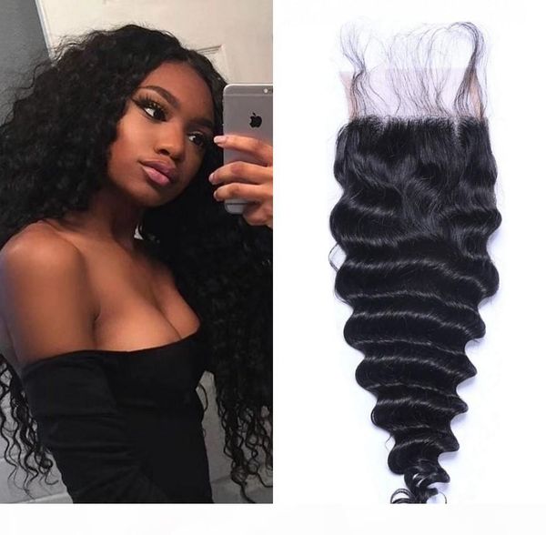 

перуанская глубокая волна 4x4 шнурок закрытие богородицы человеческих волосы швейцарского шнурок top closure с отбеленными узлами, Black;brown