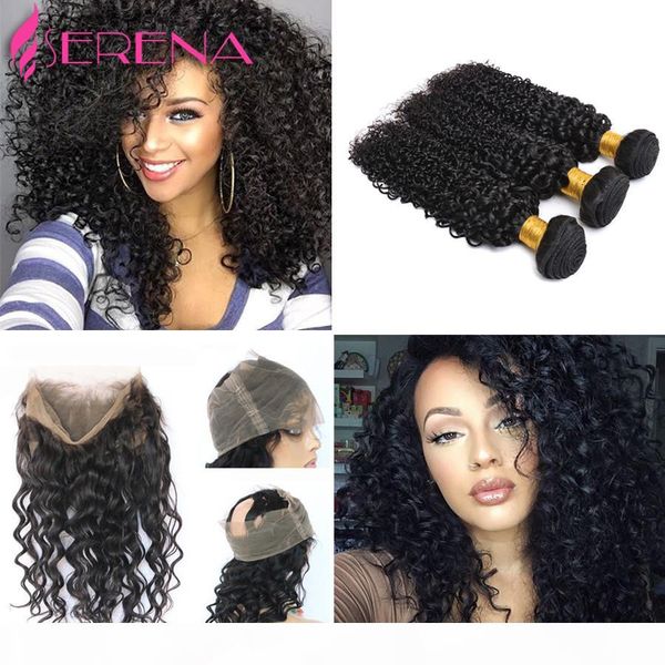 

360 lace frontal closure with bundles pre plucked lace frontal weave loose wave curly peruvian virgin hair with frontal closure, Black;brown