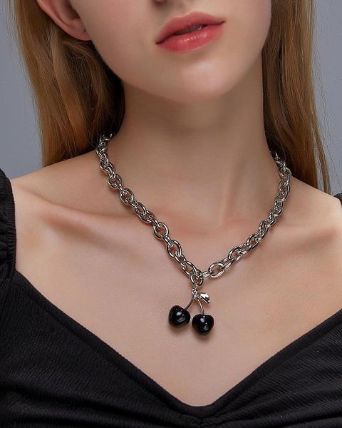 

chains punk cool black cherry pendant necklaces for women girls alloy metal chain enamel chokers necklace statement party accessories, Silver