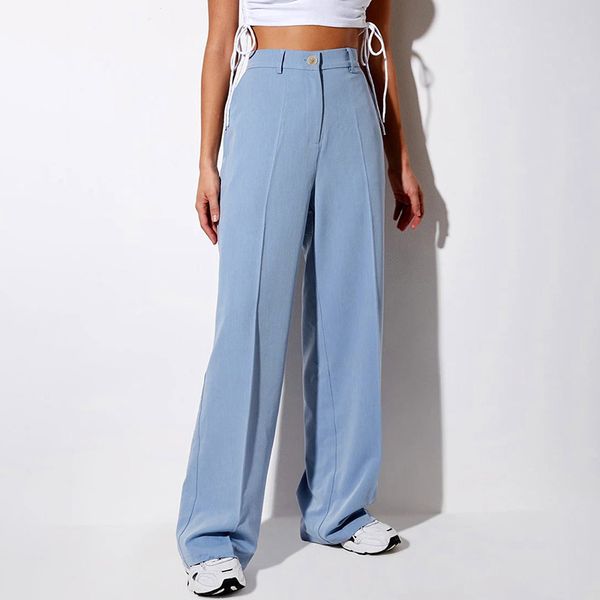 

high waist blue casual pants women fashion capris female straight office ladies casual trousers loose autumn2021 solid, Black;white