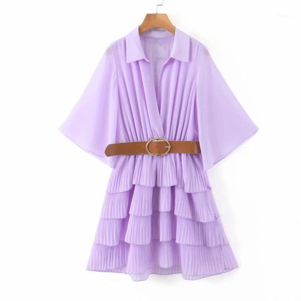 

deat 2020 summer new arrival flare sleeve turn down collar ruffles purple short mini chiffon pleated dress with belt women mj0881, Black;gray