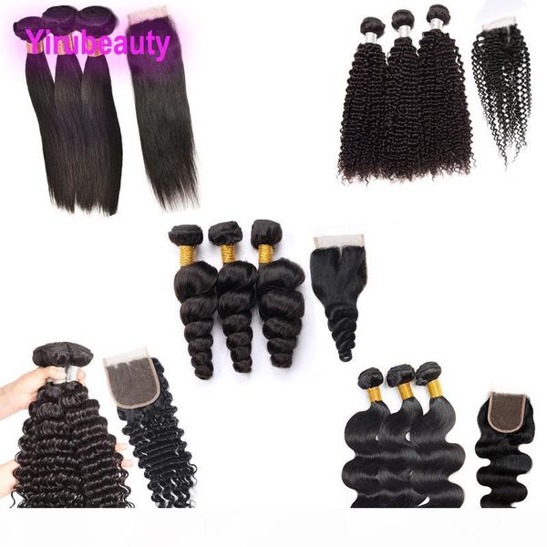

brazilian virgin hair yirubeauty body wave 3 bundles with 4x4 lace closure straight deep wave loose wave kinky curly human hair wefts 8-30, Black;brown