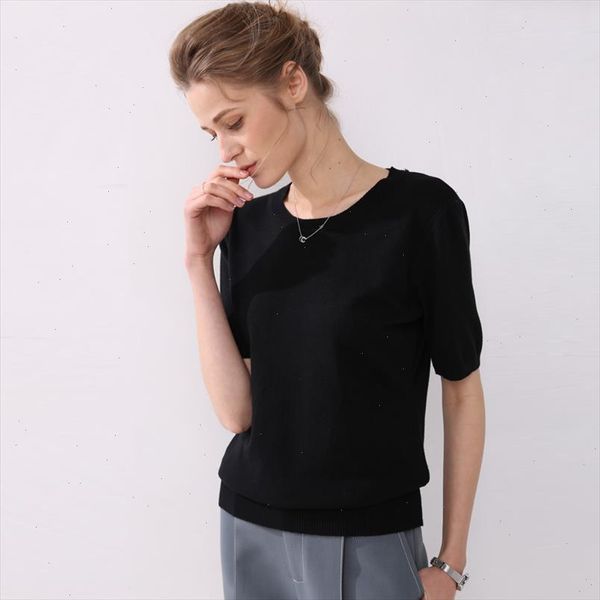 

knitting shirt women summer short sleeves o neck classic short warm fashionable casual pullover tees, White;black