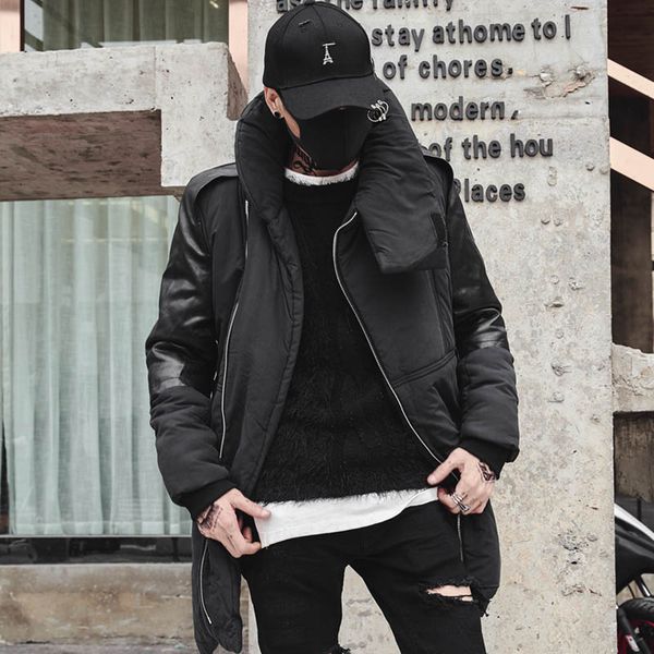 

2020 coat men's winter splicing korean thin mid-length male jacket manteau homhiver zipper long parka homme 56uu, Black