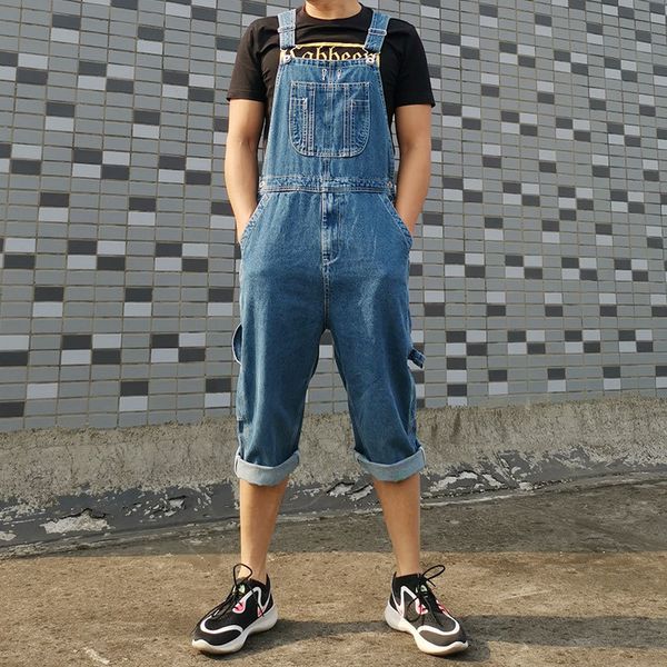 

male 2020 plus size 28-44 46 48 50 large overgrown overalls denim bib shorts fashion pocket coveralls 7-point jeans 00s8, Blue