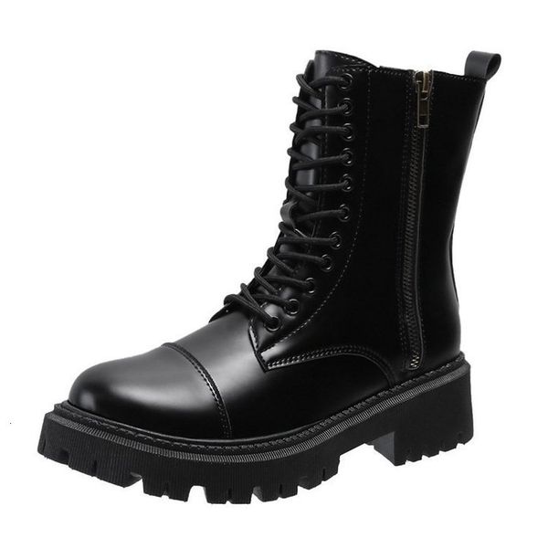 

2020 fashion shoes woman genuine leather lace-up thick mid-calf boots round toe shoes winter female buckle fashion warm boots, Black