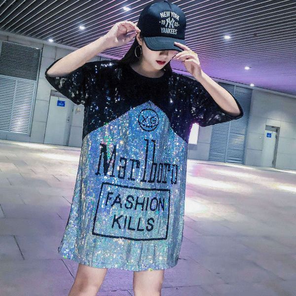 

stage dress women's new summer 2019 personalized letter sequins casual versatile short sleeve t-shirt top, Black;gray