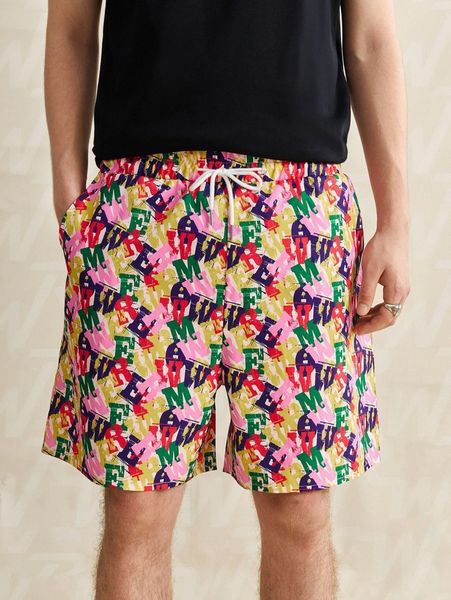 

romwe guys letter print drawstring shorts f0w8#, Black