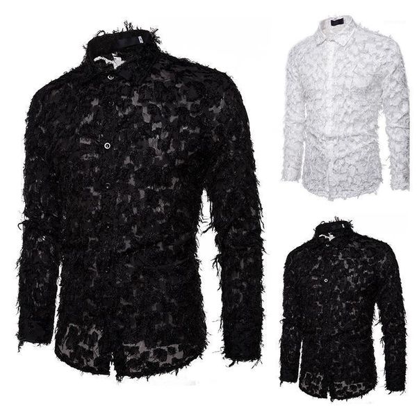 

2021 spring long sleeve men's shirt handmade three-dimensional feather lapel long sleeve shirt men clothes 20211, White;black