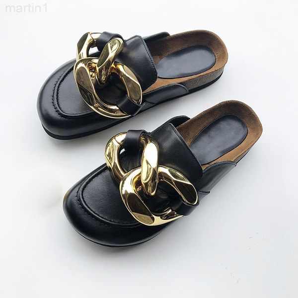 

brand slippers2021 design women slipper fashion big gold chain sandals round toe slip on mules flat heel casual slides shoes woman, Black