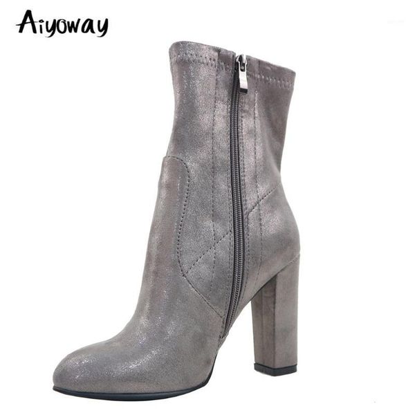 

aiyoway women gray ankle boots autumn winter party high heel ladies dress casual round toe shoes side zip big size 5-171, Black