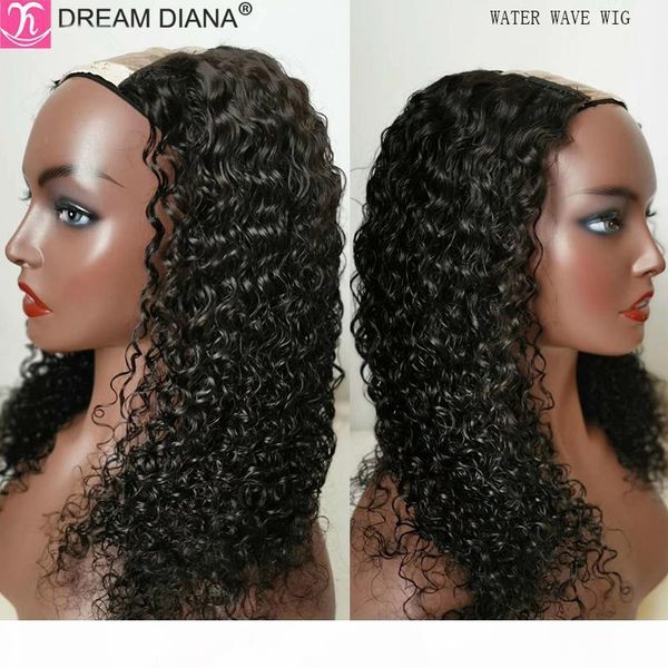 

dreamdiana malaysian hair water wave u part lace wig 100% remy human hair u part wig for black women 10-32" long, Black;brown