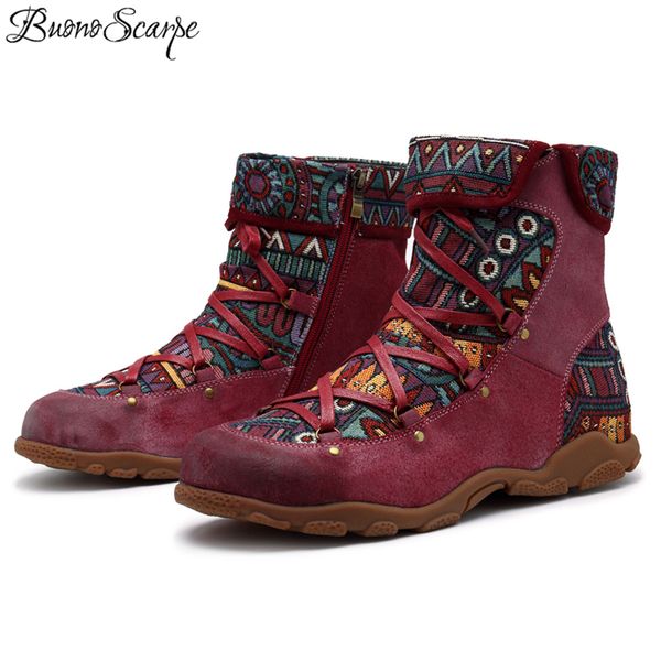 

vintage women genuine leather handmade boots printed retro female shoes lace up fold short ankle boots casual shoes, Black