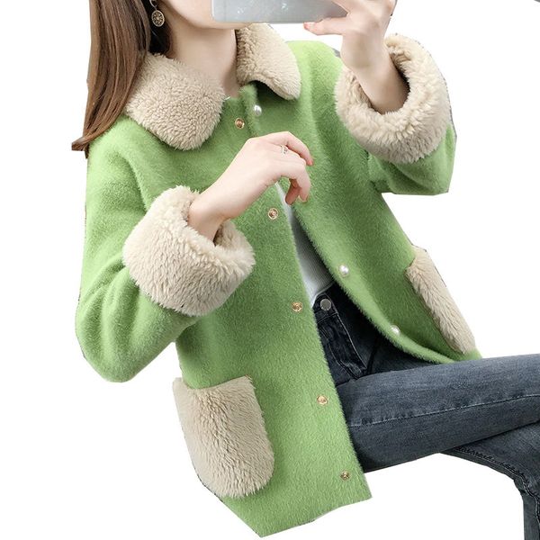 

2020 new woolen jacket female autumn winter faux mink veet coat korean version women's cardigan wool overcoat a, Black