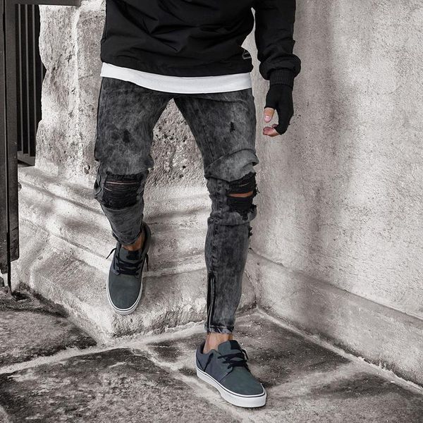 

oeak 2019 jeans men spring men clothes denim pants distressed slim fit casual trousers stretch ripped jeans1, Blue
