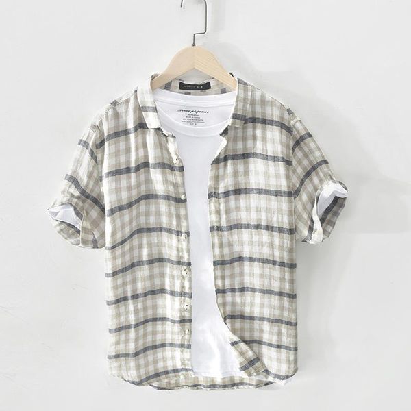

2020 new linen men's t-shirt retro casual plaid shirt short sleeve 83035, White;black