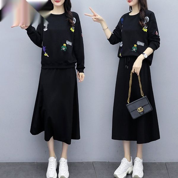

autumn 2020 new large women's wear loose and slim sweater sweatercasual embroidered sweater two piece dress for women 8yiba, Black;gray