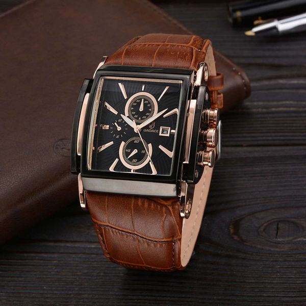 

leather square watch belt men's men's watch multi function watch, Slivery;brown