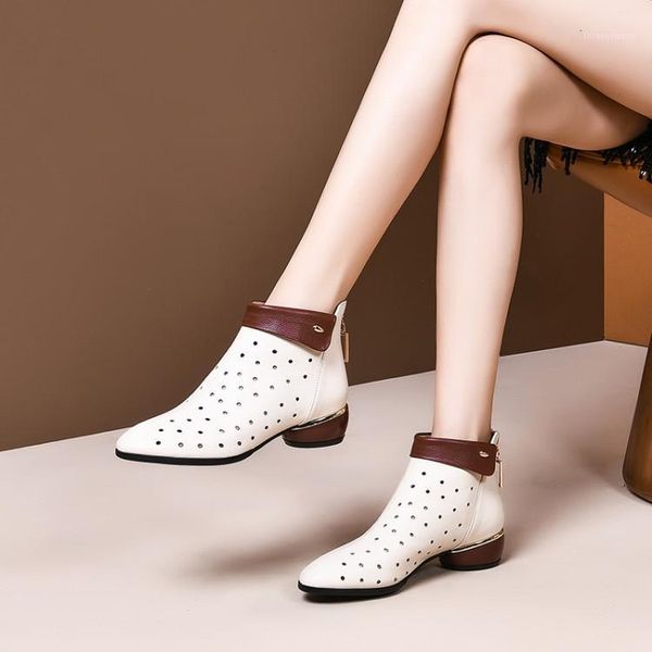 

boots mljuese 2021 women ankle cow leather round toe zippers summer cut-outs heels party dress size 411, Black