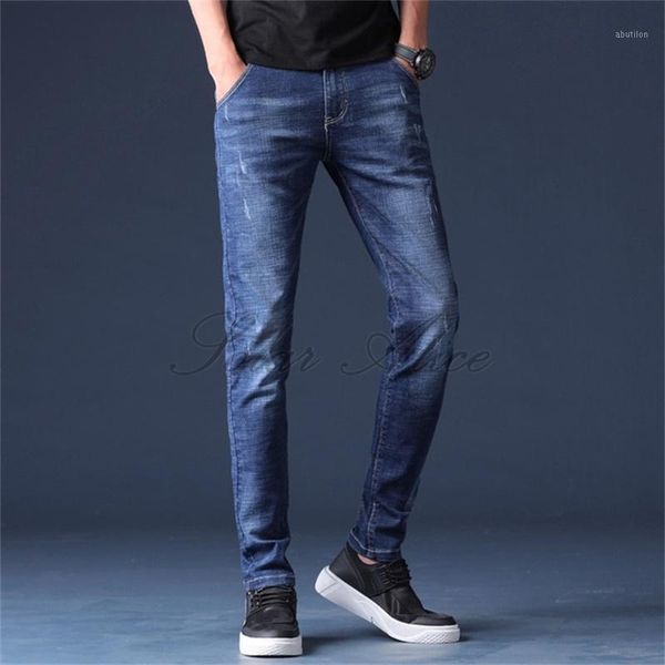 

men's jeans 2021 men's four seasons feet classic simple elastic claw pattern slim pencil casual pants1, Blue