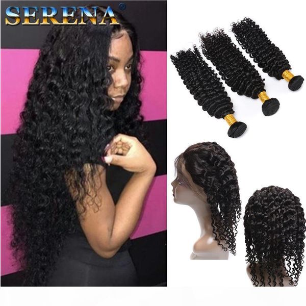 

7a 360 lace frontal with bundle deep curly wave brazilian virgin hair with closure 360 lace frontal closure with bundles weave, Black;brown