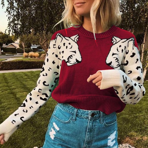 

womens sweater new long sleeved o neck solid leopard print autumn winter fashion casual daily warm loose soft pullover jumper, White;black