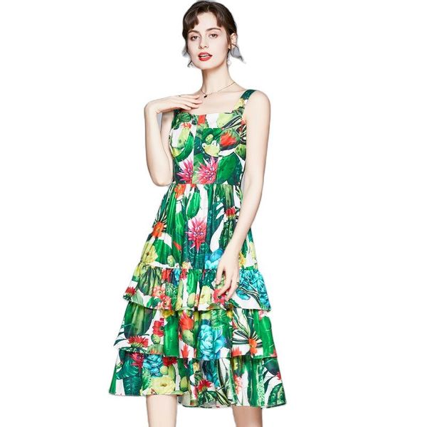 

Summer Tender Sexy Slim Vintage Flower Printted Big Swing Elegant Party Women Sling Cake Green Cocktail Dress