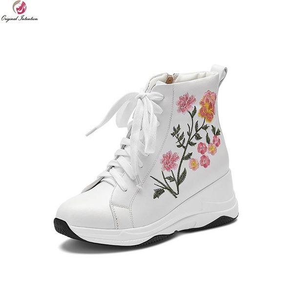 

boots original intention fashion sports style round toe wedges lace-up ankle elegant embroider white shoes woman size 4-9, Black
