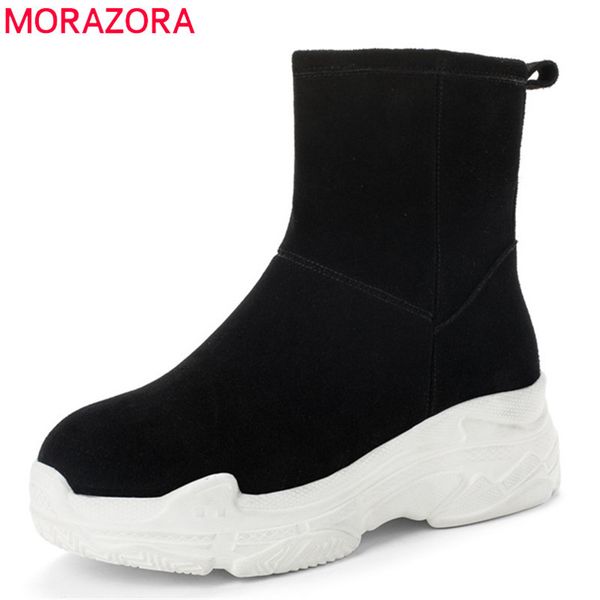 

morazora 2020 new arrival women ankle suede leather keep warm snow boots comfortable flat platform shoes woman winter q1104, Black
