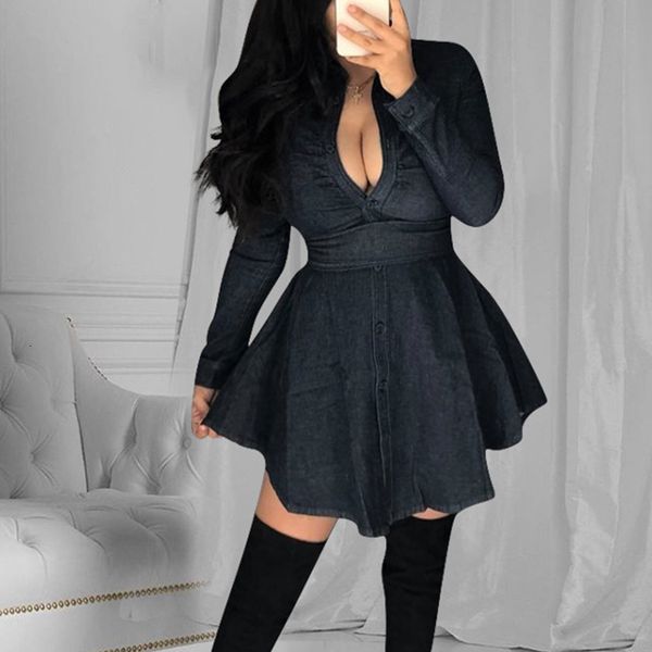 

2021 new women spring denim shirt chic long sleeve slim female autumn single-breasted cardigan midi party vestidos p1da, Black;gray