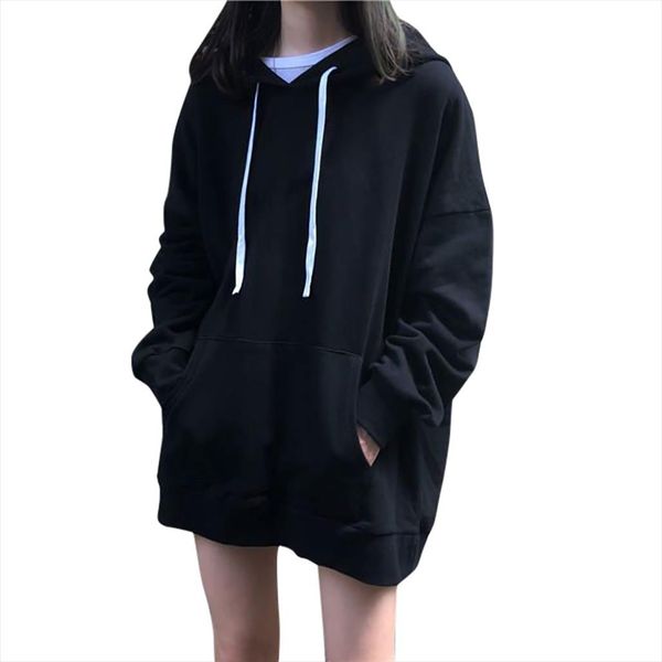 

womens sweatshirt hoodie pocket drawstring solid long sleeve pullover autumn casual loose long sweatshirts yj2 drop shipping, Black