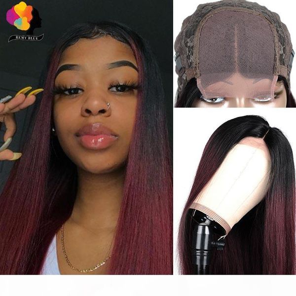 

straight ombre colored 99j lace front human hair wigs peruvain 4x4 burgundy lace front wig pre-plucked remy hair 150 remyblue, Black;brown
