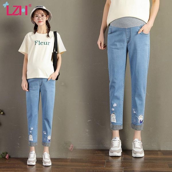 

lzh maternity clothing 2020 new maternity pants sweet cute cartoon cat printing casual pants stretch jeans for pregnant womens, White
