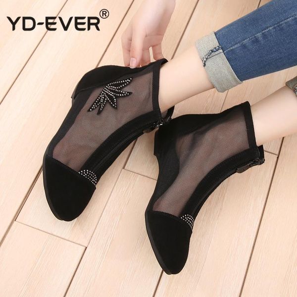 

fashion cow suede summer ankle boots for women flat heel boots mesh cut out booties casual shoes big size 34-43, Black