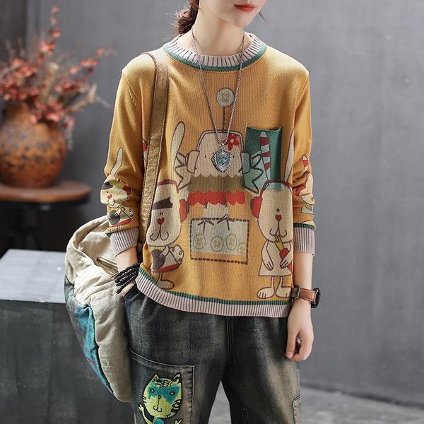 

women female spring autumn fashion brand korea style vintage cartoon rabbit chicken print o neck knitted sweaters pullover cloth, White;black