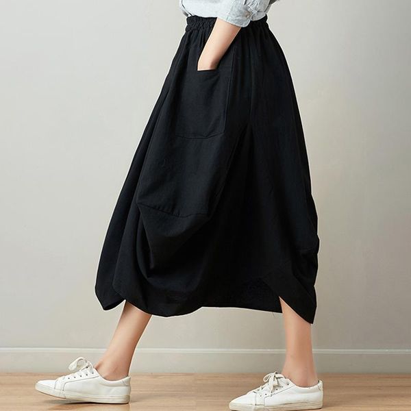 

skirts cotton lantern skirt female spring summer women's in the long paragraph large size art retro linen, Black
