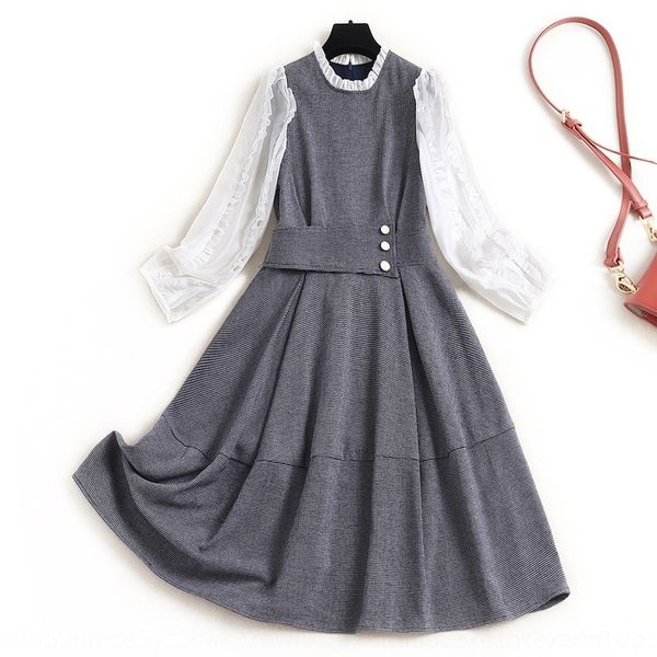 

lnvjl onlyquality women's skirt skirtaline 2020 plaid skirtdress fall skirt new lace neck a-line plaid splicing belt 9888 xftsh, Black;gray
