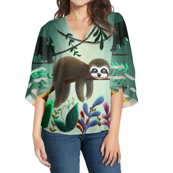 

women's blouses & shirts custom clothing cartoon sloth animal half sleeved chiffon blouse soft comfortable casual women logo clothes 2, White