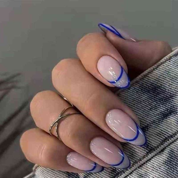 

false nails 24pcs false nails almond dark pink blue line design artificial ballerina fake with glue full cover tips press on 220225, Red;gold