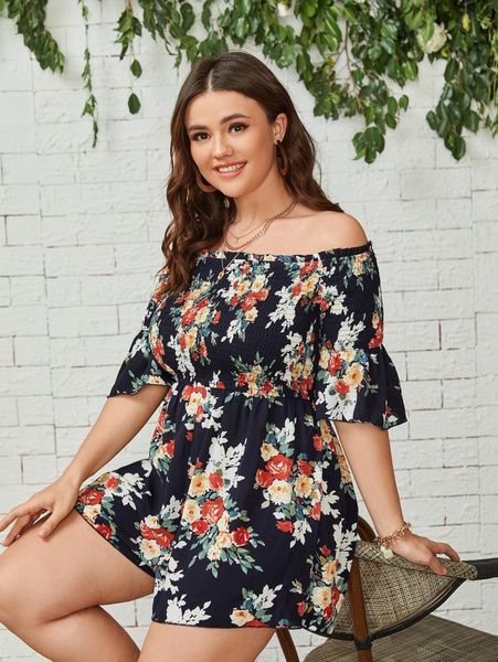 

plus off shoulder shirred bodice floral romper q706#, Black