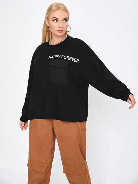

plus slogan graphic flap pocket sweatshirt g8dc#, Black