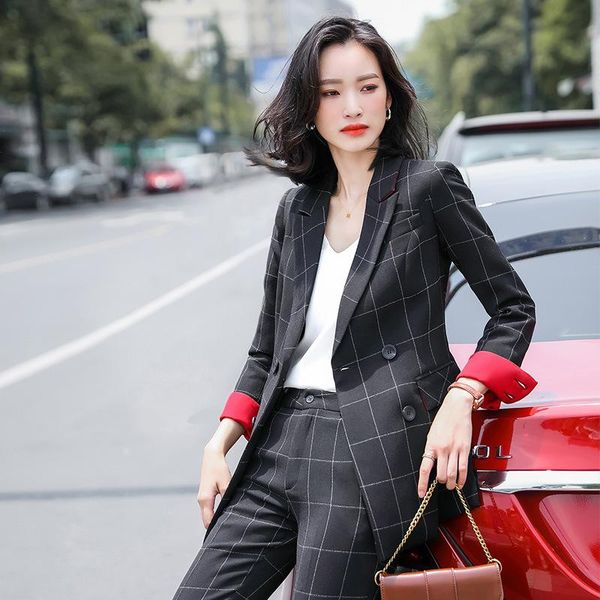 

izicfly spring autumn new black plaid woman pant suits uniform two piece ladies elegant business trouser and blazer set beige, White