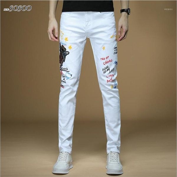 

new men jeans letter printing 100% cotton white denim jeans men korean style fashion #13091, Blue