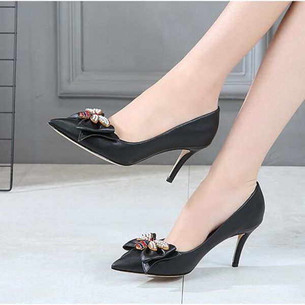 

xgravity thin heel design shoes popular bee designer charming bridal woman dress shoes girl lady point toe shoes a130 c0202, Black