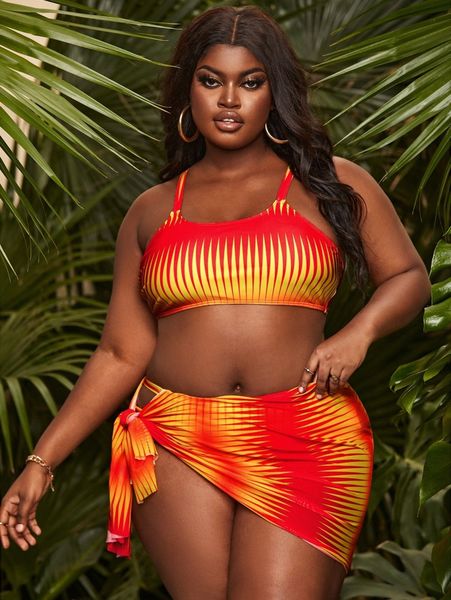 

3pack plus ombre bikini swimsuit & beach skirt w3fl#, Black