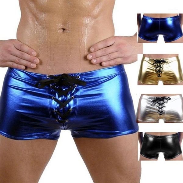 

men underwear pu leather bandage crotchless male boxer shorts boxeur homme trunks shiny clubwear lingerie panties bikini1, Black;white