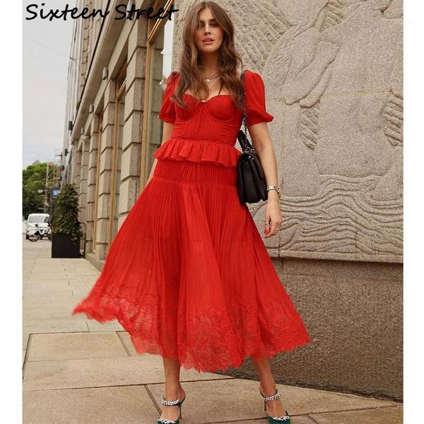 

2020 new summer red chiffon pleated dress woman square collar solid runway design casual holiday vacation maxi dress woman1, Black;gray